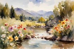 Sunny day, flowers, mountains, river, epic, john singer sargent watercolor paintings