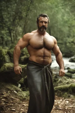 1970's massive male muscular strong man , Turkish, hairy chest, age 39, muscle daddy, goatee, short hair, oiled, armpits, in a wood, viril chest, bathrobe, serious burly man