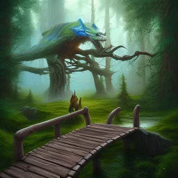 close up on wood elf in realistic trike on wooden bridge in magical forest, spray painting, fantasy art book illustration