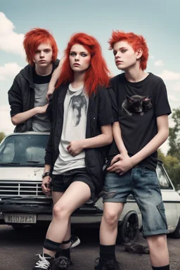 Act like a book cover designer. Three teenagers (13-15 years old) with a grimy black cat. Two boys- redhead, chubby, low, skinny, high, neutral emotion. The girl with black hair, strong make up, punk style clothes. In background white minivan with the driver in t-shirt and with mostauche. Enviroment: old town.