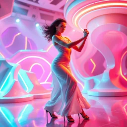 Futuristic sci-fi style, a pretty woman dancing energetic salsa with fluid, expressive movements, on a futuristic evolving stage with morphing 3D geometric structures, pulsating to the rhythm, dynamic vibrant neon lights, volumetric