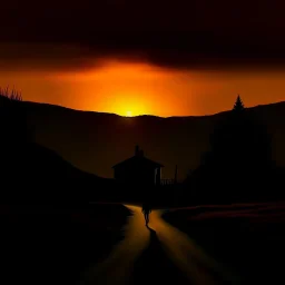 dark night, orange sunset colors in the sky, a lonely cottage with the lights on in the distance on a mountain, a lonely dark figure walking down the road