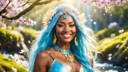 Portrait of a gorgeous smiling skinny polynesian goddess with a golden dark skin, long smooth clear turquoise blue white hair, blue eyes, in a sci-fi outfit with luminous strikes sending a kiss in a hill of flowers with sakura trees, a small torrent, loads of mini flowers, moss, sun rays through the branches, particles in the air at spring