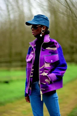 Fresh woman, no make-up, plum-blue-magenta-camouflage jacket. Old-fashioned things like CD's, microphone integrated to mask! Wool/leather visor to tippet, AKG headphones, golden rings. materials are denim, leather and felt cloth mixed. Fashion 1990's. Venue is a small old farm in the middle of the nature, Chicken and cockatoo, Natural Light. Possible colors: Cream white, zinc plate, red ochre, ochre. Thick tights. Thick calves. wide hip