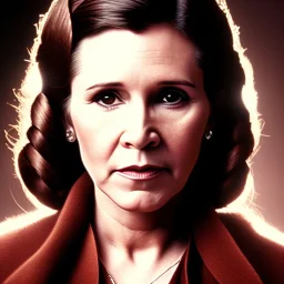 extrem realistic analog style photography of carrie fisher by Annie Leibovitz, soft ethereal skin, symmetrical short hairstyle,studio lighting, sharp brown eyes, dark plain background