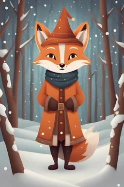 (anthropomorphic Fox Fenech),dressed in wizard clothes, cute, winter forest on background, paper texture, magic runs arond