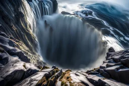 at the base of the rocky mountain peninsula, a great whirlpool waterfalls into deeper unknown depths