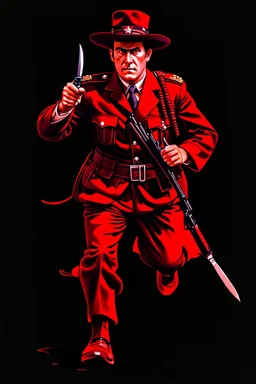 poster of a soldier(uniform and face based on racist steriotypes of mexican soldiers) running towards viewer, a knife i one hand, and a gun(barrel pointing at viewer) in the other. retro poster monochrome with white background