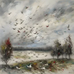 A white sky with birds and a tornado painted by Claude Monet