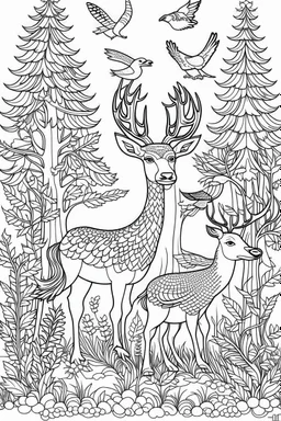 STRESS RELIEF themed coloring page for adult, cartoon style, thick outline, low details, no shading, no color, A peaceful woodland with wise owls deer and harmonious nature