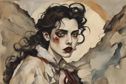 Painting of a vampire girl, in the Expressionist style of Egon Schiele, Oskar Kokoschka, and Franz Marc, in muted natural colors