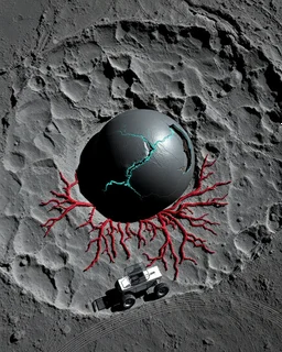High-altitude lunar reconnaissance satellite image of a young impact crater. A massive damaged matte-black alien sphere with glowing cyan fracture lines lies on the crater floor. Thin red organic growth radiates across regolith and up crater walls. At the lower frame edge, a small modern white single-seat lunar rover with glass canopy sits near the rim with visible wheel tracks. Stark vacuum lighting, no atmosphere, pitch-black space, photorealistic lunar geology, scientific imaging clarity.