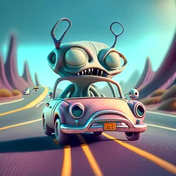 a cartoon alien driving a car down a road, a character portrait by Mike Winkelmann, featured on cgsociety, pop surrealism, rendered in cinema4d, daz3d, behance hd