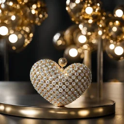 A magnificent golden and silver heart-shaped sign adorned with a stunning golden sphere encrusted with sparkling diamond clusters at its center, elegantly spinning in position.