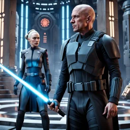 a bold and heroic bald male Corellian pilot in black and grey First Order special forces gear meets a female Jedi Master in ancient, mystical temple, hyperdetailed, dynamic lighting, hyperdetailed background, 8k resolution, volumetric lighting, light skin, fully symmetric details