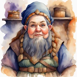 fantasy, watercolour, illustration, portrait, dwarf woman, sturdy, shopkeeper