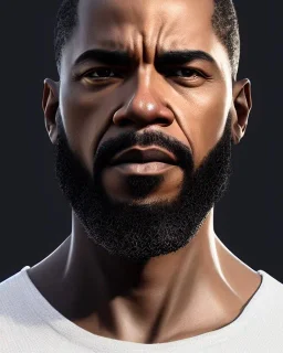 "MIddle aged African American human male, with a trimmed but uneven beard, piercing eyes with slick back hair, full-scale head and shoulders portrait, 8k resolution concept art portrait by Greg Rutkowski, Artgerm, WLOP, Barak Obama dynamic lighting hyperdetailed intricately detailed Splash art trending on Artstation triadic colors Unreal Engine 5 volumetric lighting Splash art fantasy, grey hair