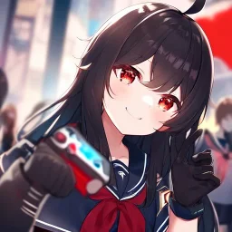 Clear focus,High resolution,High quality, Smiling,Wearing a Sailor Uniform Inspired Outfit,Wearing black long socks, Black Long hair with a ahoge, Red eyes, Wearing black gloves, Bloody mess, Small pupils, Epic camera veiw, Blurry City in the background