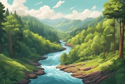 Create an landscape illustration of a lush, forested river valley, in the cartoon style of Scott Adams