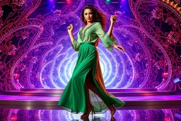 a very beautiful lady with makeup and curvy hair, wearing a pretty green jewelled long skirt with blouse and high heels, dancing over a modern stage with luxury metalic fractal recursive structures and dynamic color lights.3by 2