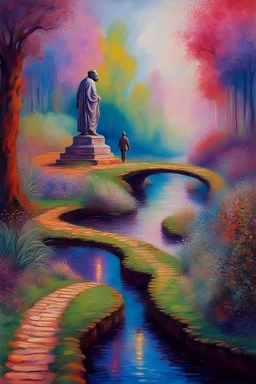 painting of a psychadelic colourful natural walkway with a creek and a statue and grass, in the future with pollution by monet