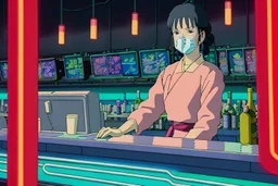 A gripping portrait of Yui in an oxygen bar, her face partially lit by the neon glow, the other half obscured by her respirator. Her eyes reflect the cyberpunk scene around her, a stark contrast to the natural world of the biodomes. Gastown's neon-drenched skyline shines through the bar's panoramic windows in the background. User