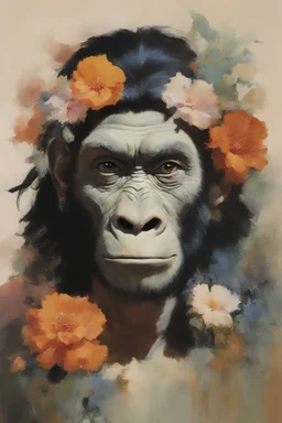 mugshot, Planet of the Apes, multicolored, large, floral designs, atmospheric, beautiful, China Doll, oil painting by Frank Frazetta