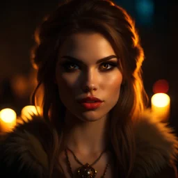 portrait of a beautiful female barbarian, middle aged, long messy brown hair, warm eyes, dressed in a revealing fur armor, standing in a tavern, realistic, dim candle lighting, war paint, wrinkles, sexy, cinematic lighting, highly detailed face, very high resolution