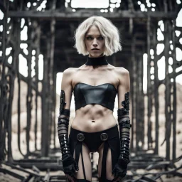 beautiful caucasian half cyborg woman, black metal body and limbs, chrome details, anorexic figure, short blond wavy bob haircut, dystopian, desert scene