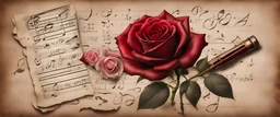 Hyper realistic red rose on a vintage paper with harmonica instrument & musical notes