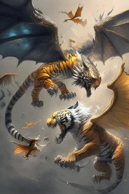 A flying tiger with wings is fighting with a dragon.