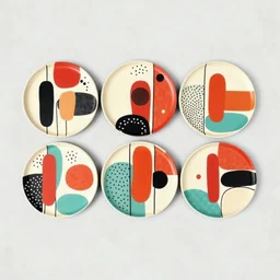 "Create a set of six round plates, each featuring an abstract design inspired by the fifth image. Use elongated cylindrical shapes decorated with a mix of bold and subtle colors like red, orange, black, turquoise, and off-white. Integrate organic patterns such as dots, curved lines, and patches of contrasting hues to create a visually engaging, textured look. The design should evoke an artistic, modern feel with a playful, handcrafted touch, making each plate a unique yet cohesive piece in the s