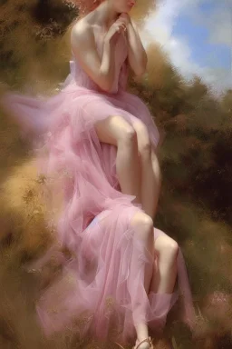 Spring goddess, Portrait of a full visible figure beautiful blond woman wearing a vaporous soft pink tulle dress, fully visible slender legs, beautiful face elegant extremely detailed intricate very attractive beautiful crisp quality Michelangelo Daniel Gerhartz