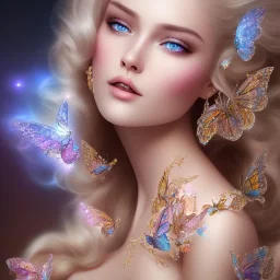 bright fairy, unic beautiful kind portrait, blond hair,blue eyes, flowery luminous pastel colors, butterfly