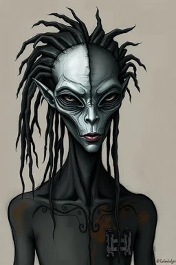 abstract half-alien with grey skin and dreads