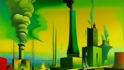 surrealism, painting, oil on canvas, Salvador Dali, industrial landscape, factory, chimney, smoke, green sky, yellow ground, abstract objects, arches, sculptures, geometric shapes, surreal, detailed, 1930s, European art, colorful, architectural elements