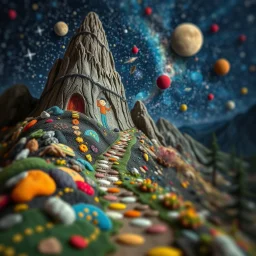 Photograph hasselblad h6d400c --ar 85:128 --v 6.0 of a fairy old bewitched path ora mountain, made of felt art, tiltshift, 3d deep field, galaxies and planets, needlepoint, Joan Miró, odd, abstract, expressionist style, colorful holiday