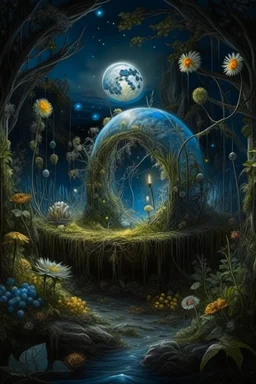 Hyperrealism against the background of a deserted blue planet in space in a fantastic forest with a bonfire +mirror portal with a whirlpool of water +ritual +candles+ dried flowers+wildflowers+moss++flower decoupage+embroidery technique+braided beads+ vine + moonlit night, fabulous landscape, surrealism, realism, naturalism, dot technique, microdetalization, high detail of objects, digital illustration, volumetric clarity, dark fantasy, dark botanical