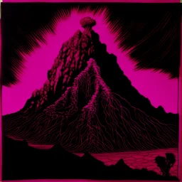 A dark magenta volcano designed in Navajo yarn painted by Andy Warhol