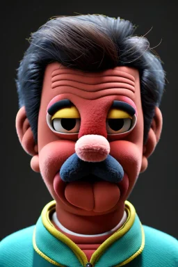 Waist up muppet Portrait, Nicolas maduro us muppet doll, black hair, Venezuelan president, red and yellow tracksuit, mustache, photo studio, blue background, unreal engine 5, concept art, art station, ray tracing, lumen lighting, ultra detail, volumetric lighting, 3d.