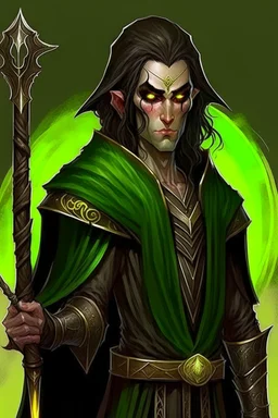 full length, mantle, hood removed, black with, holding a spear in his hand, dark green eyes