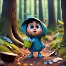 a very little Cute Figure, with cute face, collects trash in the forest, pixar, disney style