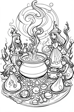 A cauldron bubbling with green potion, surrounded by witches casting spells. Outline, sketch style, only use outline, mandala style, clean line art, white background, no shadows, no clear wall, coloring page.