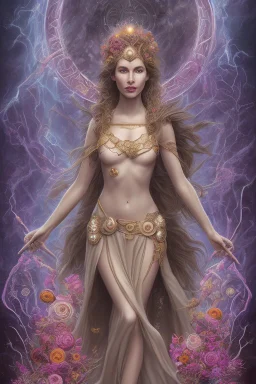 Create an image of a Wiccan Mayday Goddess. The goddess should be depicted as a beautiful and powerful figure, surrounded by symbols of the element of fire. Her hair should be long and flowing, and she should be dressed in a flowing gown or robe. In the background, include imagery of flowers, greenery, and perhaps a bonfire or other symbols of the Beltane celebration. The image should evoke a sense of joy, celebration, and spiritual connection to nature.