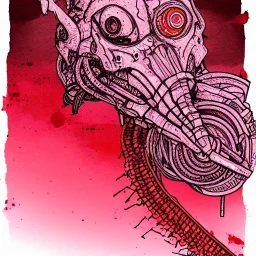  line Art coloured, destroyed, post apocalyptic, darkred tones,