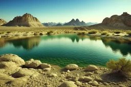 lagoon, rocks, distant mountains, arid land, desert, pond, rocks, distant city, epic