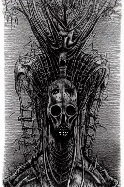 Old photo headless horseman by h r Giger, junji ito, dystopian surrealism, dark horror fantasy, artstation intricate details, demonic, dark art, dark noir, neoclassical gothic horror