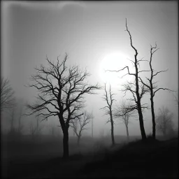 Close-up Ilford photograph of a creepy surreal landscape, eerie, no style, very surreal, trees, spooky, metaphysical objects, giant sun, intricate, thoughtful, appalling, deep 3d field, 8k, hypermaximalist, fog