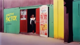 [fun photo by Russ Meyer] the condom factory. The factory door opens and a woman dressed in a sexy outfit of Dorothy from the wizard of Oz begins slowly walking to the gate. there are posters of condoms everywhere on the walls