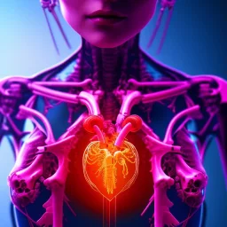  human heart, realistic, cyberpunk, bones, neon shining, dark red tones,